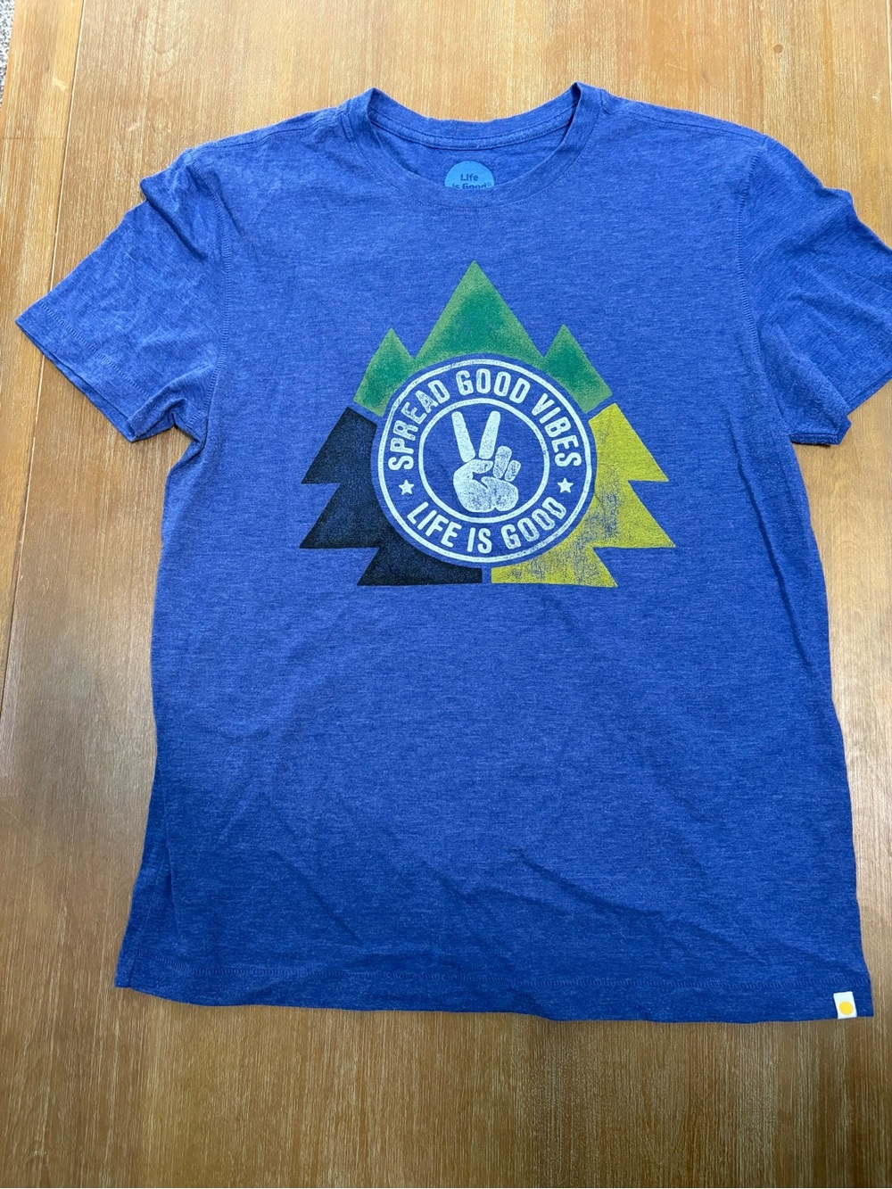 Life Is Good Blue Tee with Green & Yellow Tree Graphic